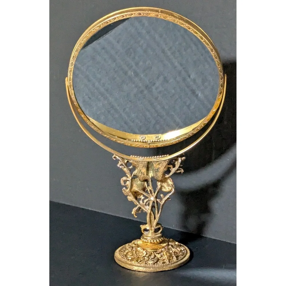 Vintage Hollywood Regency Matson-Esq Vanity Mirror Gold Plated Detailed Florals